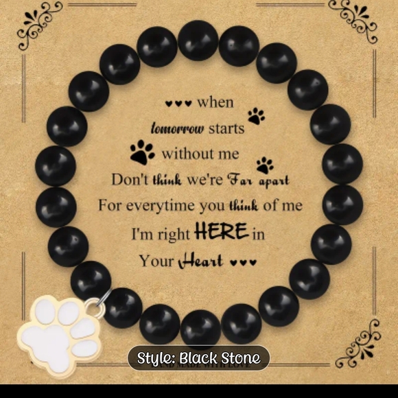 Black Stone Paw Print Dog Memorial Bracelet - Picture 1 of 6